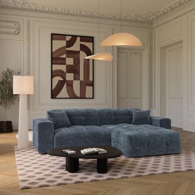Canapé angle droit 5 places en velours gaufré bleu minéral