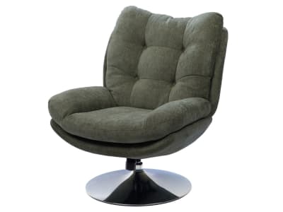 Fauteuil pivotant en tissu vert avec pied en métal chromé