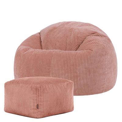 Pouf avec repose-pied carré velours côtelé rose aube