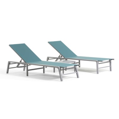 Lot de 2 bains de soleil en aluminium et textilène bleu avec table