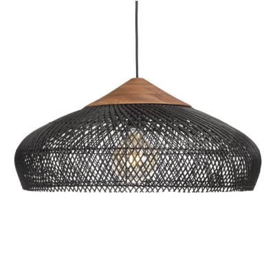 Suspension 65x65cm en rotin couleur noire et teck recyclé