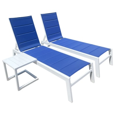 Set 2 transats et table d'appoint textilène bleu aluminium blanc