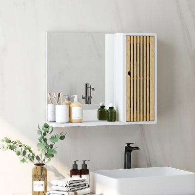 Armoire de salle de bain avec miroir porte à lattes en bambou blanc