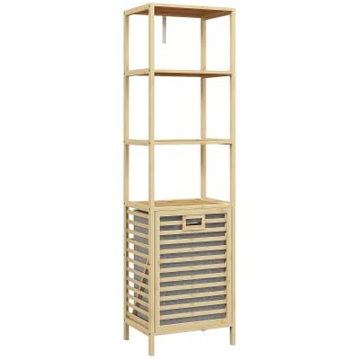 Meuble colonne salle de bain 3 étagères panier linge gris bambou verni
