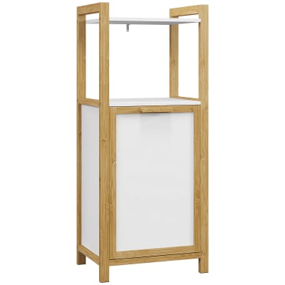 Meuble bas de salle de bain 2 étagères, panier à linge bambou blanc