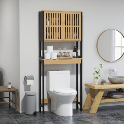 Étagère de toilettes placard 2 portes bambou naturel/noir