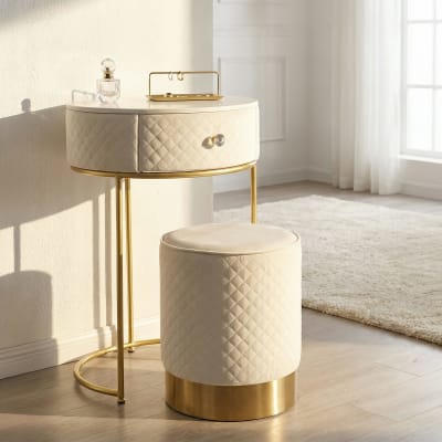 Table de chevet/coiffeuse avec pouf en velours cm ø 52x70 - ø 36x39