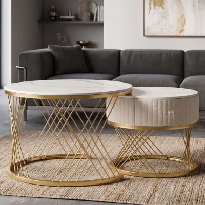 Paire de tables basses en velours et métal cm ø 70x48-50x43,5