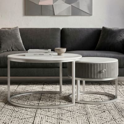 Paire de tables basses en velours et métal cm ø 70x45-50x40