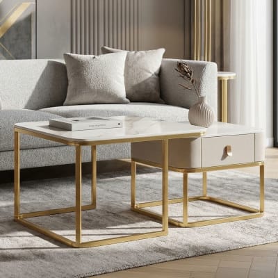 Paire de tables basses en tissu et métal cm 70x70x48-50x50x43,5