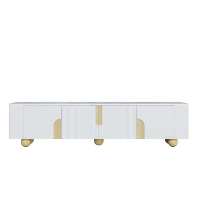 Meuble TV blanc effet marbre blanc et bois avec portes rainurées