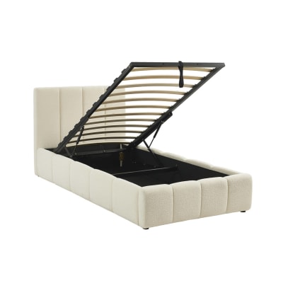 Lit coffre + sommier + tête de lit bouclette texturée blanche 90x190cm