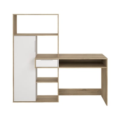 Bureau 1 tiroir, 1 porte, 5 niches décor chêne et blanc l162,8 cm