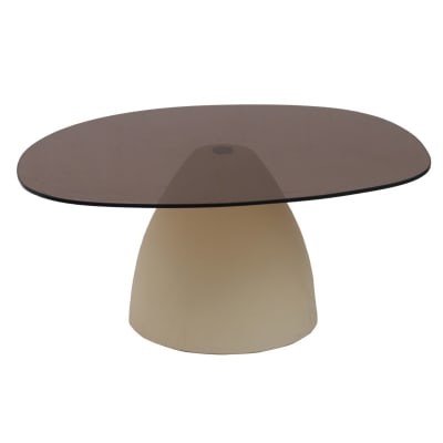 Table basse ovale 76 cm en métal ivoire et verre fumé