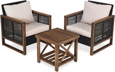 Salon de jardin en résine 1 table basse et 2 fauteuils avec coussins