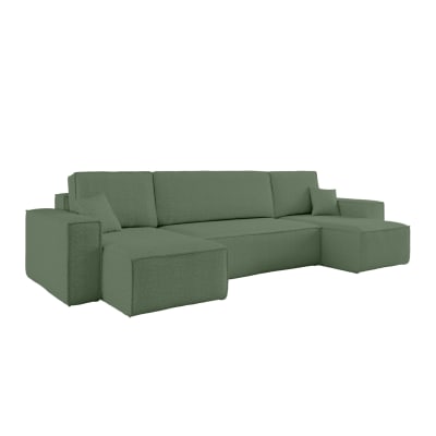 Canapé d'angle panoramique convertible 6 places tissu bouclette vert