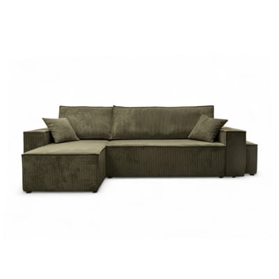 Canapé d'angle convertible avec un pouf en velours côtelé - vert kaki
