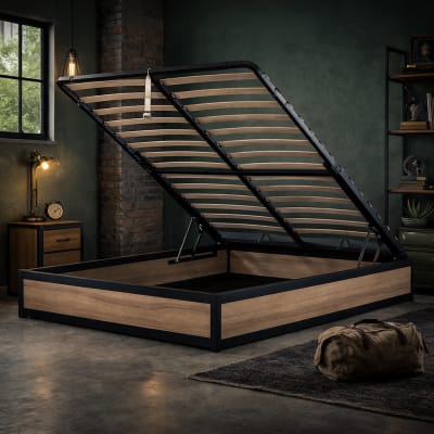 Lit coffre style industriel bois clair & métal ouverture large 180x200
