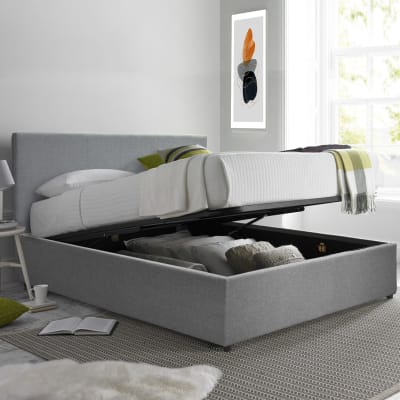 Lit coffre avec tête de lit en tissu gris clair 90x190 cm
