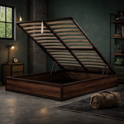 Lit coffre style industriel bois foncé et métal ouverture large 90x190