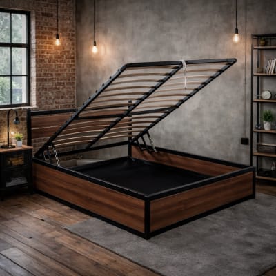 Lit coffre et tête de lit style industriel bois et métal 90x190 cm