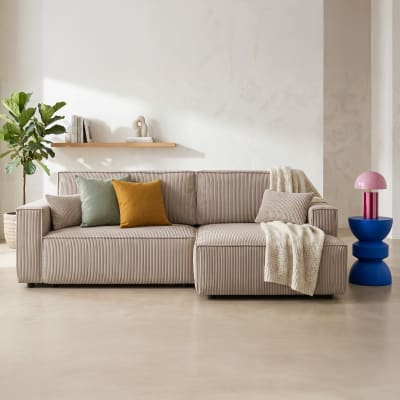 Canapé d'angle droit convertible 3 places - velours côtelé taupe