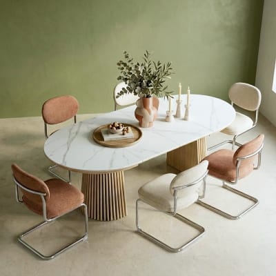 Table à manger ronde extensible en céramique effet marbre / bois clair