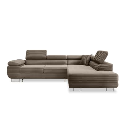 Canapé d'angle droit convertible 6 places en velours côtelé taupe