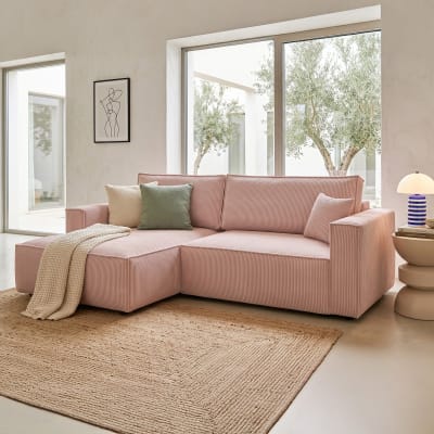 Canapé d'angle gauche convertible 3 places - velours côtelé rose pâle