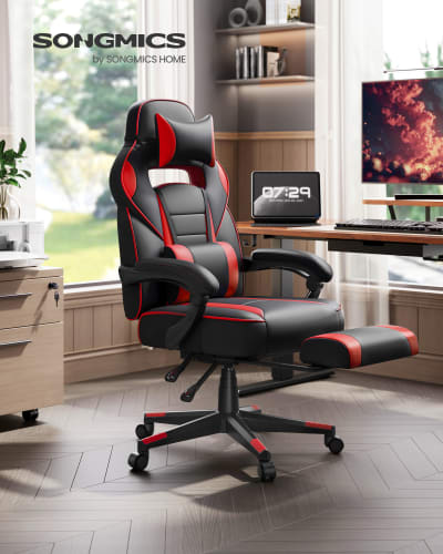 Fauteuil de bureau repose-pieds télescopique noir d'encre et rouge