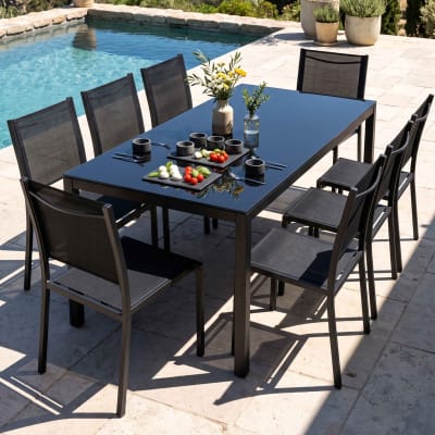 Ensemble table de jardin et 8 chaises avec plateau verre noir