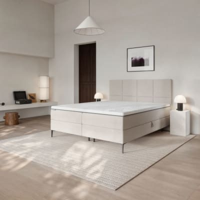 Lit coffre sommier à lattes carrés beige 160x200