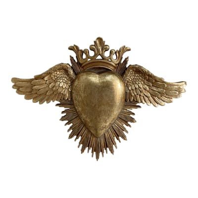Déco murale ex-voto coeur ailes 24,5x17,5cm dore