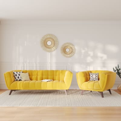 Ensemble canapé et fauteuil en velours jaune 4 places