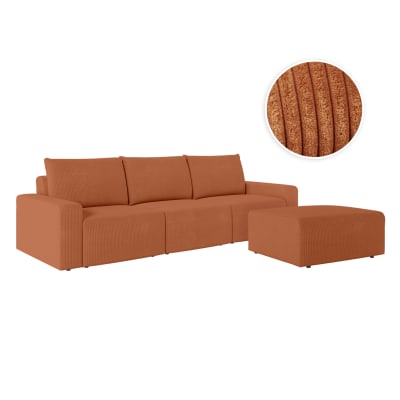 Pack - canapé droit fixe 3 places et pouf en velours côtelé terracotta