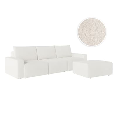 Pack - canapé droit fixe 3 places avec pouf en tissu bouclette - blanc