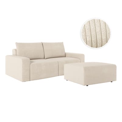 Pack - canapé droit fixe 2 places avec pouf en velours côtelé - beige