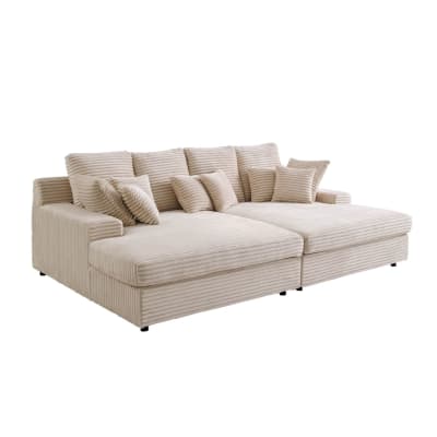 Canapé droit 4 places avec double méridienne, velours côtelé - beige
