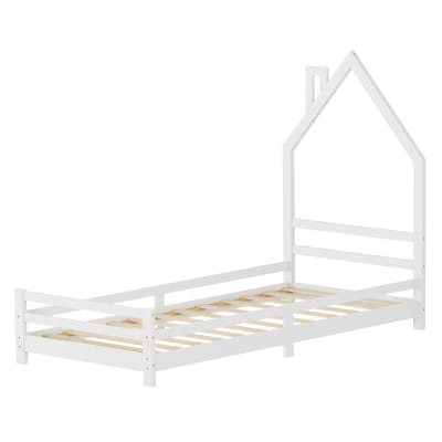 Lit maison cheminée enfant 90x200 cm blanc bois massif avec sommier