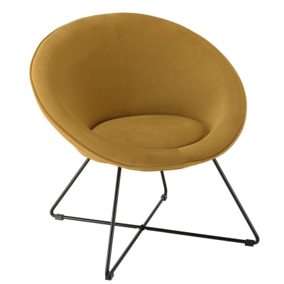 Fauteuil tissu velours jaune moutarde pieds croisés métal noir