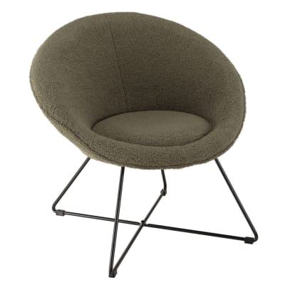 Fauteuil tissu bouclette vert kaki pieds croisés métal noir