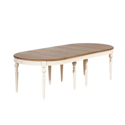Table ovale en chêne 3 rallonges, 6/10 couverts blanc