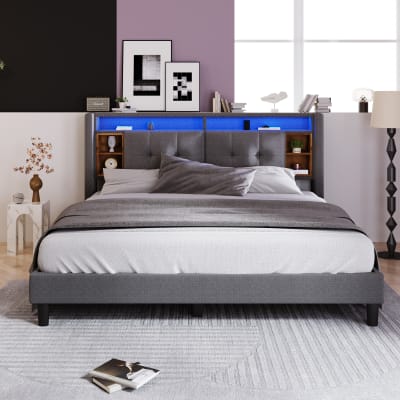 Lit double capitonné gris avec tête de lit rangement éclairage LED