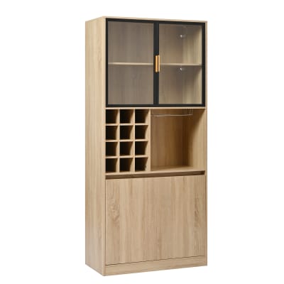 Vitrine haut effet bois casier à vin et porte verres avec LED