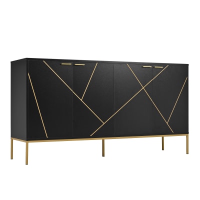 Buffet design noir motifs géométriques dorés et pieds en métal