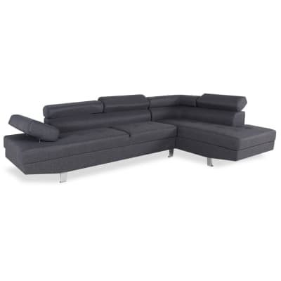 Canapé d'angle droit avec têtières relevables 5 places en tissu gris