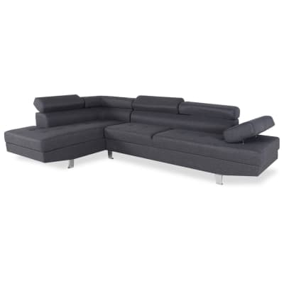 Canapé d'angle gauche avec têtières relevables 5 places en tissu gris