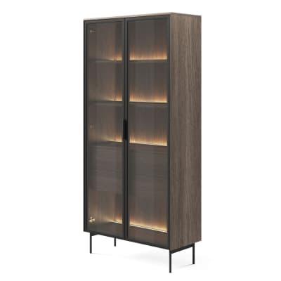 Vitrine avec 2 tiroirs et éclairage led, aspect chêne foncé, 91 cm