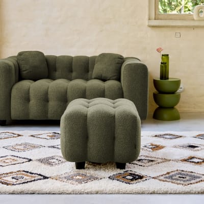 Pouf, repose-pieds pour canapé 2 place bouclette texturée kaki