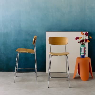 Tabouret de bar vintage effet frêne et pieds métal chromé (lot de 2)